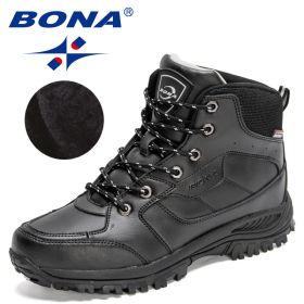 BONA 2022 New Designers Casual Winter Outdoor Snow Shoes Men Fashion Action Leather Plush Warm Boots Man High Top Hiking Shoes (Color: Black silver gray, size: 10.5)