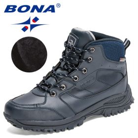 BONA 2022 New Designers Casual Winter Outdoor Snow Shoes Men Fashion Action Leather Plush Warm Boots Man High Top Hiking Shoes (Color: Deep blue S gray, size: 8.5)