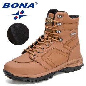 BONA 2022 New DesignersAction Leather Winter Ankle Boots Men Tactical Plush Anti-Skidding Classical Footwear Man Hiking Boots (Color: Light brown black, size: 9)