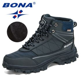 BONA 2022 New Designers Nubuck Hiking Shoes Men Trekking Tourism Camping Shoes Man Plush Warm Winter Anklt Boots Masculino Comfy (Color: Deep blue S gray, size: 9)