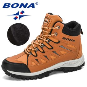 BONA 2022 New Designers Nubuck Mountain Climbing Shoes Men Plush Quality Outdoor Trekking Shoes Man Sneakers Hunting Boots Comfy (Color: Light brown black, size: 8.5)