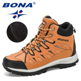 BONA 2022 New Designers Nubuck Mountain Climbing Shoes Men Plush Quality Outdoor Trekking Shoes Man Sneakers Hunting Boots Comfy (Color: Earth yellow black, size: 10)