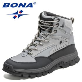 BONA 2022 New Designers High-Top Hiking Boots Men Action Leather Outdoor Wear-Resistant Non-Slip Snow Shoes Man Ankle Boots Soft (Color: Light gray dark grey, size: 9.5)