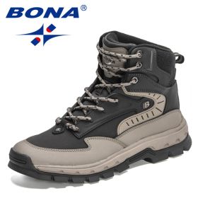 BONA 2022 New Designers High-Top Hiking Boots Men Action Leather Outdoor Wear-Resistant Non-Slip Snow Shoes Man Ankle Boots Soft (Color: Medium grey black, size: 9.5)