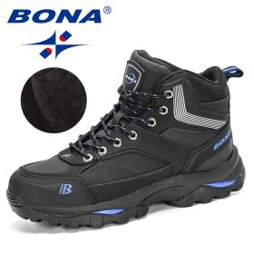 BONA 2022 New Designers Nubuck Hiking Boots Men Winter Shoes Walking Climbing Mountain Sport Boots Man Plush Warm Snow Footwear (Color: Charcoal grey R blue, size: 9.5)