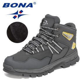 BONA 2022 New Designers Action Leather Plush Hiking Boots High Top Walking Shoes Men Work Mountain Sport Ankle Boots Mansculino (Color: Dark grey yellow, size: 9)