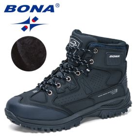 BONA 2022 New Designers Nubuck Hiking Shoes Men Non-Slip Outdoor Wear-Resistant Trekking Footwear Man High Top Plush Snow Boots (Color: Deep blue S gray, size: 10)