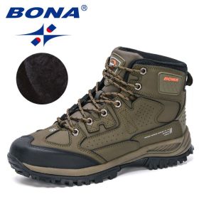 BONA 2022 New Designers Nubuck Hiking Shoes Men Non-Slip Outdoor Wear-Resistant Trekking Footwear Man High Top Plush Snow Boots (Color: Army green S gray, size: 9)